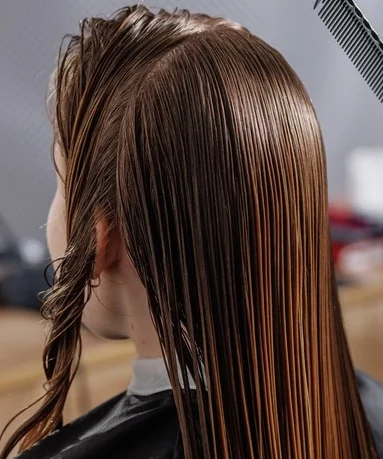 master combing client's wet hair in beauty salon