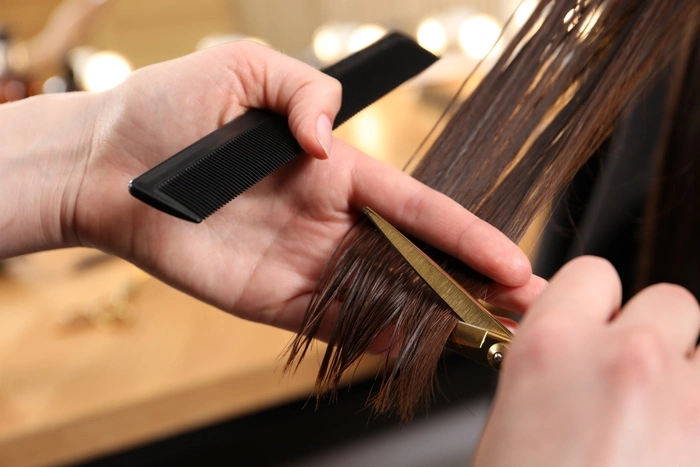 Hairdresser cutting client's hair with scissors in salon, closeup